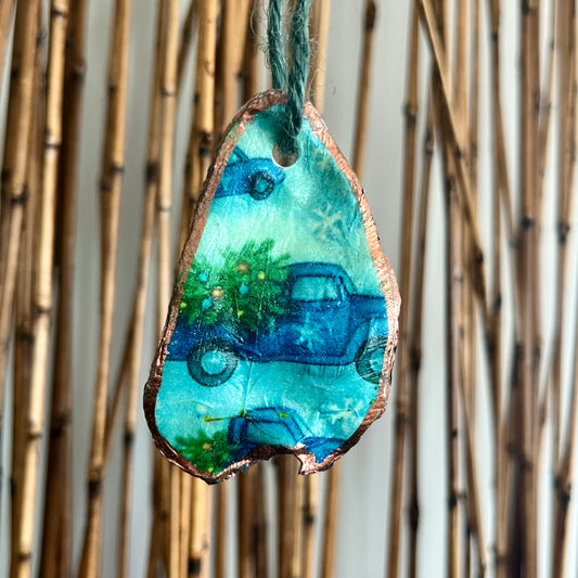 Blue Pickup Truck with Christmas Tree Oyster Ornament