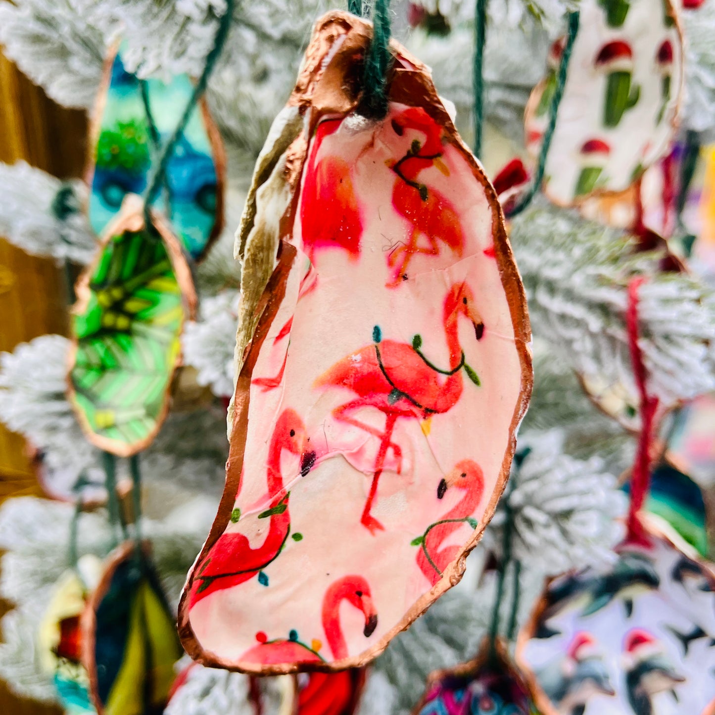 Holiday Flamingos Oyster Ornament