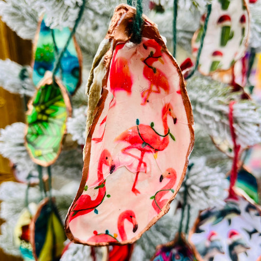Holiday Flamingos Oyster Ornament